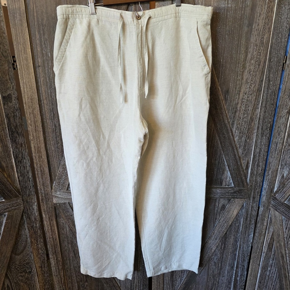 Cubavera Pants Mens Size XL (40-42) Beige Wide Leg Linen Blend Chinos Drawstring